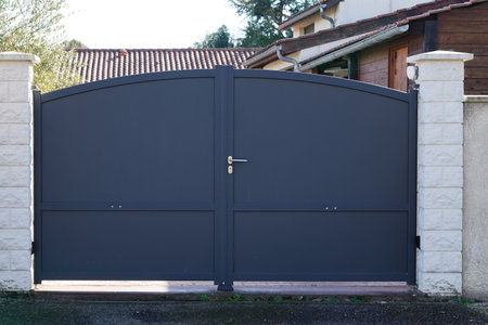 steel high gray round metal gate design gray modern suburb house