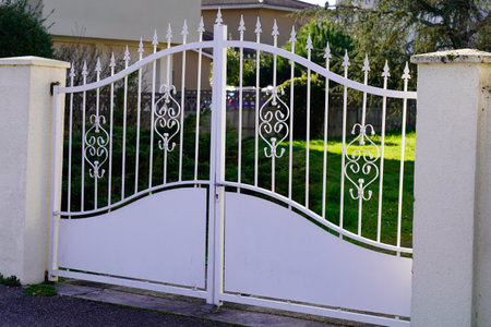 portal gray steel old retro style gate gray home entrance in suburb city