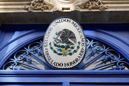 Bordeaux , Aquitaine France - 02 15 2022 : mexicanos estados unidos board text consulado honorario front of building facade of honorary consulate Generalのeditorial素材