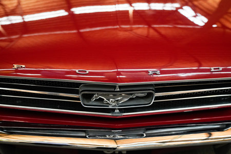 Bordeaux , Aquitaine France - 02 08 2022 : ford mustang muscle car logo brand horse and sign text of us red american retro automobileのeditorial素材