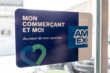 Bordeaux , Aquitaine France - 02 15 2022 : american express logo brand and text sign on french windows shop of Amex american financial service company pay card storeのeditorial素材