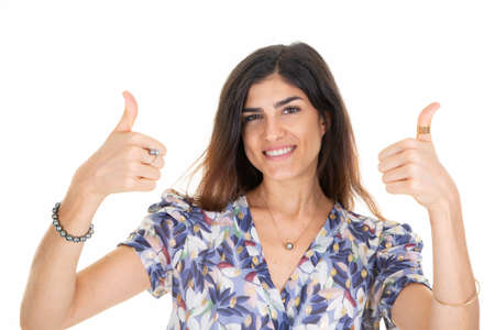 happy woman giving thumbs up fingers hands over white background