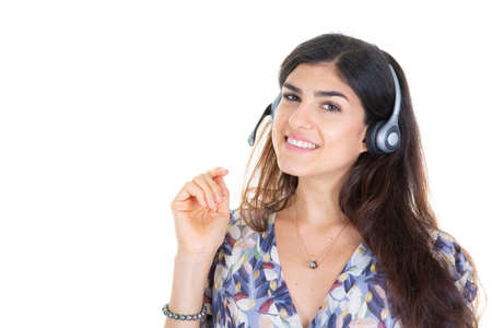 smiling woman happy call center consultant woman with headset phone in white background