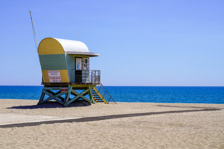 leucate , occitanie , France - 12 12 2021 : lifeguard station on sand beach wooden hut on stilts in Leucate city coast south franceのeditorial素材