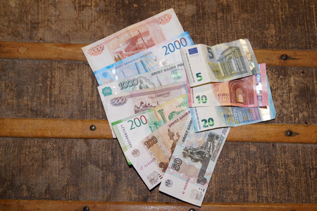 Bordeaux , Aquitaine France - 03 03 2022 : Euro russia banknotes EU sanctions Russian cash money bank bill war swift economy ruble European currencyのeditorial素材