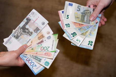 Bordeaux , Aquitaine France - 03 03 2022 : Euro russia banknotes EU sanctions Russian economy ruble...