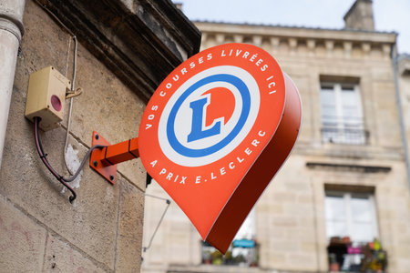 Bordeaux , Aquitaine France - 03 20 2022 : E.leclerc relais text logo and wall brand sign on building facade shop retail supermarket store shop leclercのeditorial素材