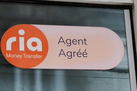 Bordeaux , Aquitaine France - 03 12 2022 : ria Money Transfer text brand and sign logo facade agency...