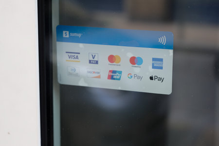 Bordeaux , Aquitaine France - 03 12 2022 : CB mastercard visa diners club union pay discover be smart american express union pay google apple sign logo of shop accepted credit cardのeditorial素材