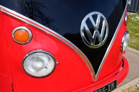 Bordeaux , Aquitaine France - 03 22 2022 : vw logo sign brand front on split bus Volkswagen auto badge on vintage car vehicle type 2のeditorial素材