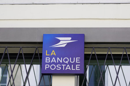 Bordeaux , Aquitaine France - 03 27 2022 : La Banque Postale logo sign and brand logo blue facade of office French bank post agencyのeditorial素材
