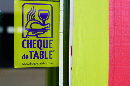 Bordeaux , Aquitaine France - 03 20 2022 : check de table stickers label logo brand and text sign facade windows door restaurant entranceのeditorial素材