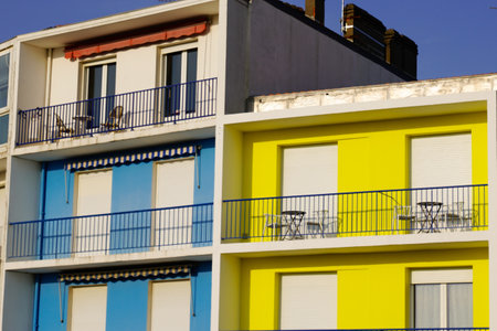 apartment building color of Ukraine national flag of state yellow blue with balcony of home residentialの写真素材