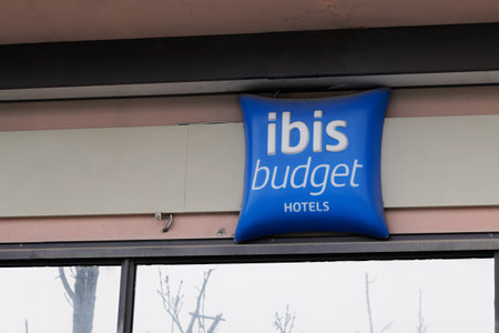 Bordeaux , Aquitaine France - 04 04 2022 : Ibis budget hotels sign text and logo building entrance brandのeditorial素材