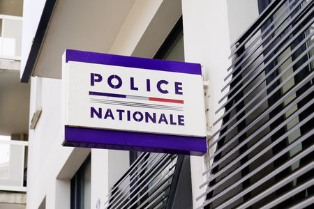 Bordeaux , Aquitaine France - 04 04 2022 : police nationale sign text and logo brand front of office French national police in town center Franceのeditorial素材