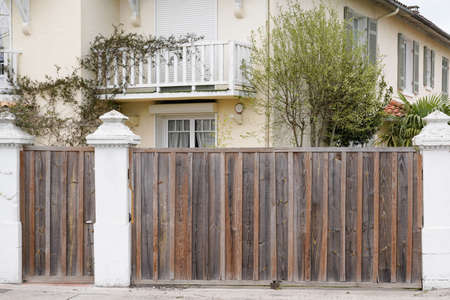 door wood gate design portal wooden in street view outdoor home entranceの写真素材
