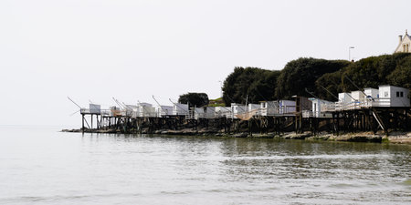 Fishing squares in south western of France in Saint-Palais beach at Sunsetの写真素材