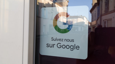 Bordeaux , Aquitaine France - 04 24 2022 : Google sign logo and brand text facade windows store on sticker customer follow usのeditorial素材