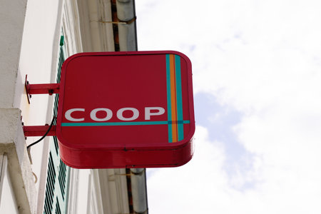 Bordeaux , Aquitaine France - 04 24 2022 : Coop logo brand and text sign on wall building city market store facade cooperative supermarket chain shopのeditorial素材