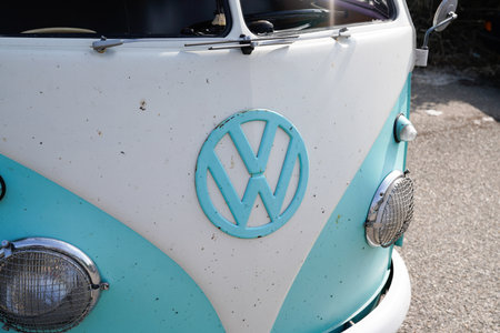 Bordeaux , Aquitaine France - 05 01 2022 : vw logo sign brand front on split bus Volkswagen classic text auto badge on vintage car vehicle type 2のeditorial素材
