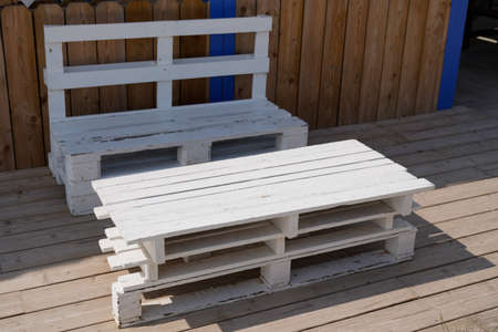 recycled wooden diy garden chair table on the terrace home hand make in wood pallets