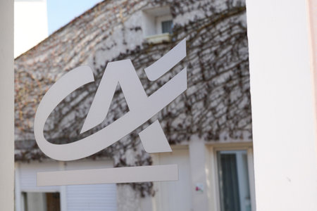 Bordeaux , Aquitaine France - 04 24 2022 : credit agricole brand office logo ca text sign on windows french bank facade agencyのeditorial素材