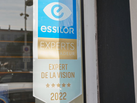 Bordeaux , Aquitaine France - 05 05 2022 : essilor expert ambassador 2022 stars text logo optic shop and brand sign of french store of Optician glassesのeditorial素材