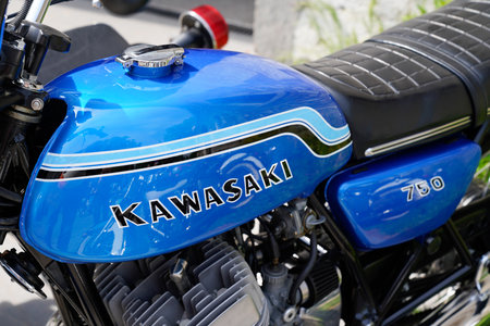 Bordeaux , Aquitaine France - 05 01 2022 : Kawasaki 750 text brand of motorcycle blue Classic sign logo on motorbike tank detailのeditorial素材