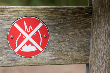 No open fire burning symbol text in wooden panel outdoor park with flame treeの写真素材