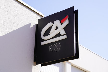 Bordeaux , Aquitaine France - 04 24 2022 : ca credit agricole logo sign and brand text on facade french insurance bank with atm machineのeditorial素材