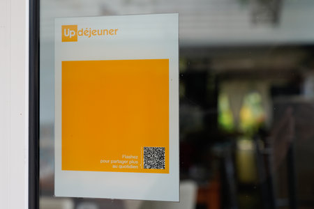 Bordeaux , Aquitaine France - 05 08 2022 : up dejeuner logo brand yellow and text sign on windows facade restaurant door entranceのeditorial素材