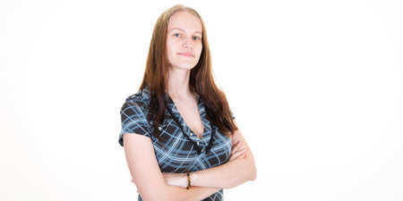 Young cheerful pretty woman isolated on white background girl blond hair arms crossed pleasant...