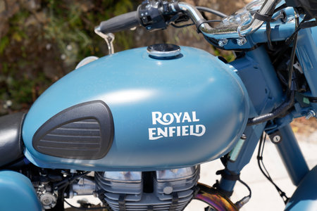 Bordeaux , Aquitaine France - 06 05 2022 : royal enfield bullet blue motorcycle fuel tank logo brand...