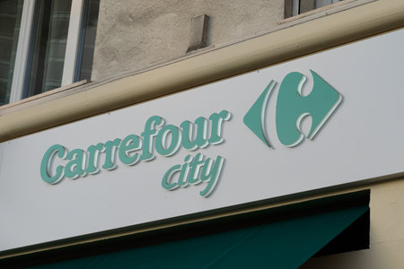 Bordeaux , Aquitaine France - 06 10 2022 : Carrefour city logo text and sign brand on wall market french supermarket store town centerのeditorial素材