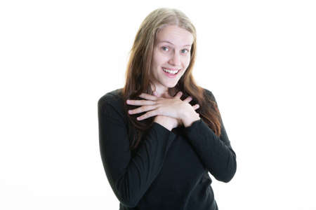 young woman hands on chest surprised offended with long blond hair and white background