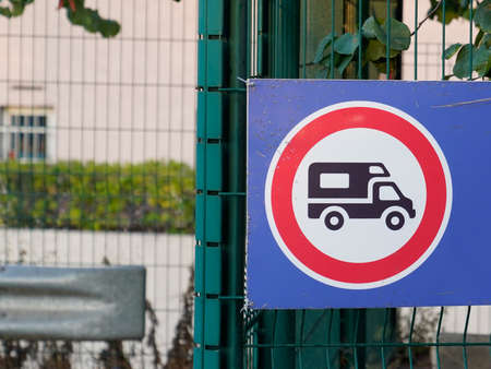 panel road no campervan not allowed recreational vehicle rv symbol ban caravans and camping cars red white round prohibition signの写真素材