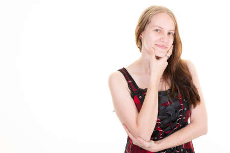 young pretty cute woman hand finger on chin smiling face with long hair happy on white background