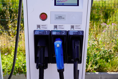 Bordeaux, Aquitaine France - 11 05 2021: Ionity ev electric car charging point station detail park vehicleのeditorial素材
