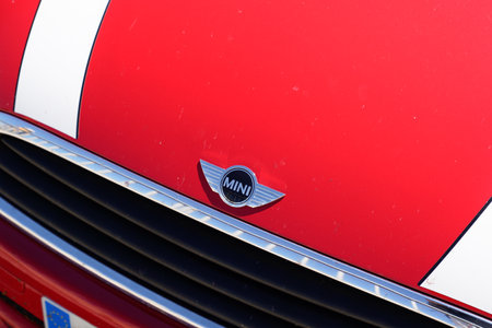 Bordeaux , Aquitaine France - 07 25 2022 : Mini cooper red sport car logo brand and text sign design colors on hatchback model neo retro vehicleのeditorial素材