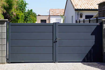 suburb modern portal home gray high door house style gate access garden