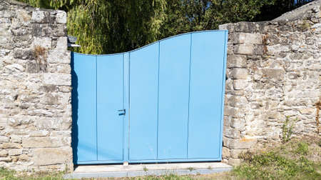 old ancient wooden portal home blue wood plank steel vintage metal retro house gate