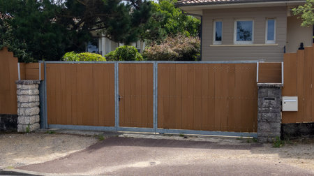 Wooden steel gate fencing facade modern new home style wood street view outdoor