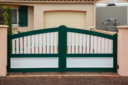 plank gate suburb green white house portal with slats