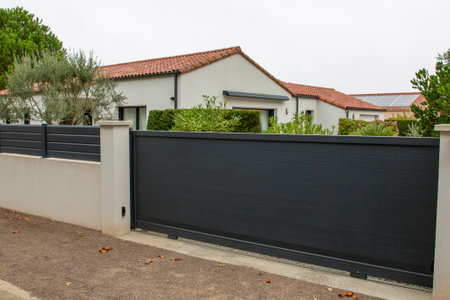 suburb slide modern portal home gray dark high door sliding access house style gateの写真素材