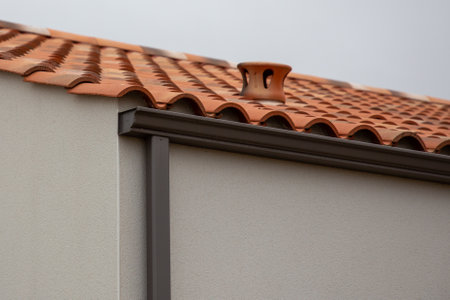 gray rain gutters gray facade roof tiles on a home
