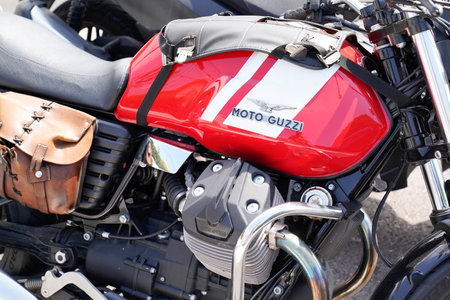 Bordeaux , Aquitaine France - 08 20 2022 : Moto Guzzi logo brand and text sign motorcycle on fuel...