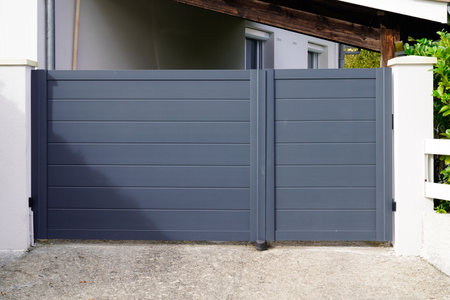 Aluminum home gray metal gate door gray of suburb houseの写真素材