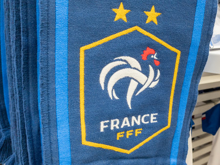 Bordeaux , Aquitaine France - 12 12 2022 : fff france soccer scarf of the French football team to support with the two stars of the world cup championのeditorial素材
