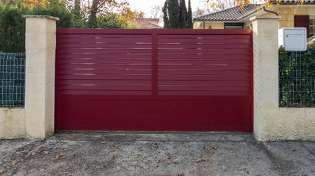 gate Red Burgundy steel home fence on suburb door street houseの写真素材