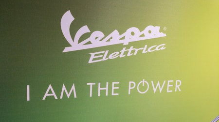 Bordeaux , Aquitaine France - 12 15 2022 : vespa elettrica text sign on advertising panel with brand logo on new modern retro style of e-scooter electric vintage lookのeditorial素材